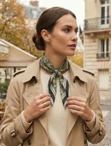 Pañuelo cuadrado de satén con estampado de arabescos en tonos terracota, blanco y marrón.