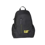 Mochila Caterpillar color rosa con logo negro estampado en el frente. Tiene un compartimento principal con cierre, un bolsillo frontal con cierre vertical y dos bolsillos laterales con cierre. Las correas son ajustables y acolchadas.