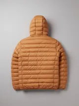 Campera puffer azul con capucha y cierre frontal.