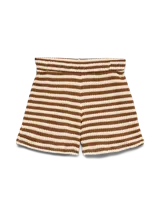 Short de tiro alto con cintura elastizada y calce regular. Confeccionado en tejido de punto con estructura, presenta un patrón de rayas horizontales anchas en color marrón chocolate y beige claro.