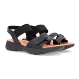 Sandalias negras de cuero con ajuste de velcro y elástico.