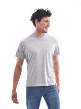 Remera gris de corte clásico con cuello en V y mangas cortas.