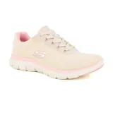 Zapatillas deportivas Skechers Flex Appeal 4.0 Fresh Move, color beige con detalles en rosa. Capellada de malla Skech-Knit, plantilla Air Cooled Memory Foam y suela de goma flexible.
