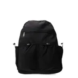 Mochila negra de tela con dos bolsillos frontales con cordón ajustable y un bolsillo superior con cierre.