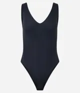 Body femenino negro, tipo musculosa, con escote en V profundo y cierre en la entrepierna.
