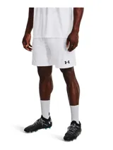 Short deportivo blanco Under Armour, modelo Golazo 3.0, con logo negro en la pierna izquierda.