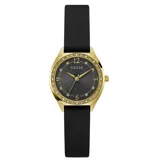 Reloj Guess modelo GW0820L1 con caja dorada, esfera negra con números 3, 6, 9 y 12, y correa de silicona negra.
