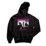 Canguro negro con capucha y cordones ajustables, con estampado del grupo Beastie Boys en el frente.