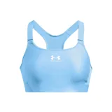 Top deportivo de compresión Under Armour HeatGear High, color celeste, con breteles regulables y espalda deportiva.
