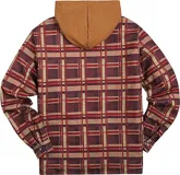 Campera de invierno de algodón, con capucha y diseño a cuadros en tonos azul y rojo, cuenta con forro de satén y cierre de botones.
