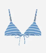 Top de bikini triangular fruncido con estampado de rayas horizontales azules y blancas, breteles ajustables con adornos y copas desmontables.
