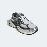 Championes Adidas Adistar XLG de estilo retro running, con exterior de tela blanca y revestimientos sintéticos en plateado y negro. Poseen una suela de caucho voluminosa y segmentada para mayor amortiguación y soporte.
