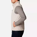 Chaleco de polar Columbia Fast Trek para hombre, color azul marino con cierre y detalles en azul eléctrico. Cuenta con cuello alto, bolsillos laterales con cierre y bolsillo en el pecho con cierre.