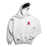 Canguro blanco con capucha y bolsillo delantero tipo canguro. Estampado pequeño en el pecho con el logo de la marca en rojo.