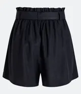 Short negro de lino y viscosa, con cintura elástica, cinturón tipo faja y bolsillos delanteros.