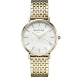 Reloj Rosefield con caja redonda de acero color oro de 33mm y esfera de nácar blanco. Malla de acero inoxidable color oro.