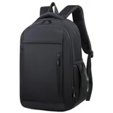 Mochila negra con bolsillos frontales verticales, laterales de rejilla y faja trasera para sujetarla a la valija.