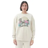 Buzo de frisa color crudo, de corte amplio, con cuello redondo y mangas largas. Estampado frontal con el logo de la marca, flores y paisaje.