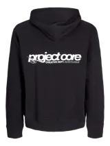 Buzo canguro negro con capucha y cordones ajustables. Estampado en la espalda con el logo "Project Core" en blanco y tipografía de estilo industrial.