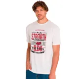 Remera blanca de manga corta con estampado frontal de la marca Caterpillar en rojo y negro.