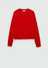 Sweater rojo de tejido de punto fino con cuello en V y mangas largas.