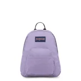 Mochila JanSport modelo Half Pint, color lila, con logo de la marca bordado en el frente, un compartimento principal y un bolsillo frontal con cierre.