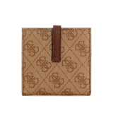Tarjetero Guess modelo Laurel Quattro G, color marrón con logo estampado y detalles dorados.