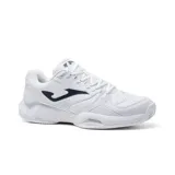 Championes deportivos Joma Master 1000 para hombre, color blanco con logo negro, ideales para pádel y entrenamientos de baja frecuencia. Fabricados en material sintético PU flexible y resistente con perforaciones VTS para ventilación.