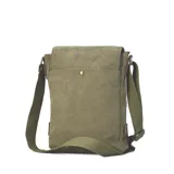 Morral gris de tela canvas con detalles en cuero marrón. Tiene correa larga regulable, tapa con broches magnéticos, bolsillo tipo guantera bajo la tapa, división interna con velcro y bolsillo trasero con broche magnético.