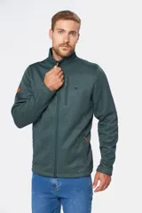 Campera de felpa gris con interior de polar, liviana y resistente al viento, con múltiples bolsillos.