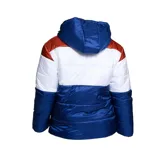 Campera puffer con capucha del Club Nacional de Football, con diseño color block en blanco, rosa y marrón. Incluye logo de Umbro y escudo del club.