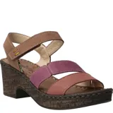 Sandalias de cuero con plataforma y taco de 6 cm. Tiras de cuero color marrón, naranja y amarillo.