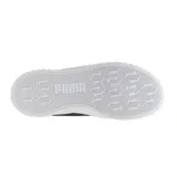 Championes Puma Carina 3.0 de cuero blanco con detalles en negro, plataforma texturizada y logo dorado.