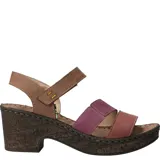 Sandalias de cuero con plataforma y taco de 6 cm. Tiras de cuero color marrón, naranja y amarillo.
