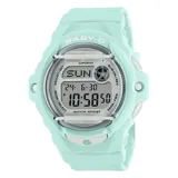 Reloj digital Casio Baby-G celeste con correa de resina, pantalla LCD y resistencia al agua.