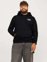 Hoodie negro de manga larga con fit ancho plus size, interior cepillado, capucha, bolsillo canguro y estampa de goma en la espalda.