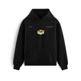 Canguro negro con capucha, cordones ajustables, bolsillo tipo canguro y puños y cintura acanalados. Estampado frontal con logo de la marca y texto "Turra Original".