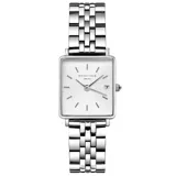 Reloj Rosefield modelo The Boxy XS, con caja cuadrada de acero plateado y esfera blanca con indicadores de hora y función de fecha.
