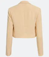 Blazer cropped color amarillo pastel, de crepé con forro de poliéster, cuello solapa, manga larga y cierre frontal con botón en forma de corazón.