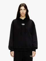 Buzo con capucha negro, de corte holgado, con un pequeño logo ovalado plateado en el pecho.