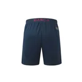 Short deportivo azul marino con cintura elástica y cordón ajustable. Presenta el escudo del FC Barcelona en la pierna derecha y la inscripción "Barça" en la pierna izquierda.