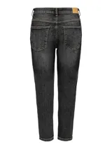 Pantalón de jean negro con lavado gastado, corte recto, tiro alto y bolsillos delanteros y traseros.