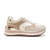 Championes urbanos Korium Judith con plataforma, combinados en verde oliva, blanco, beige, negro y detalles dorados.