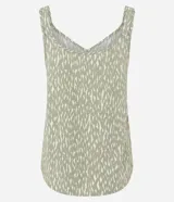 Blusa sin mangas en viscosa color verde con estampado de peces, escote V y tirantes anchos.