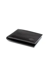 Billetera de cuero negro con doble compartimento para billetes y doble compartimento para tarjetas. Incluye caja individual.