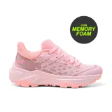 Championes deportivos rosas con suela blanca y tecnología memory foam.