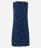 Vestido corto sin mangas, confeccionado en viscosa azul marino con estampado de lunares blancos.