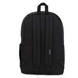 Mochila Jansport Right Pack negra con un compartimento principal grande, un bolsillo frontal con cierre y un bolsillo lateral para botella de agua.
