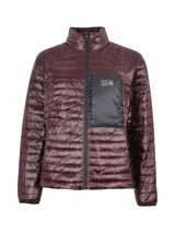 Campera puffer color borgoña con un bolsillo negro en el pecho, cierre frontal y cuello alto.