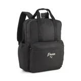 Mochila Puma Phase College negra, con compartimento principal superior y bolsillo frontal con cierre. Cuenta con asas de mano superiores y correas ajustables para llevar al hombro. Logo Puma en blanco en el bolsillo frontal.